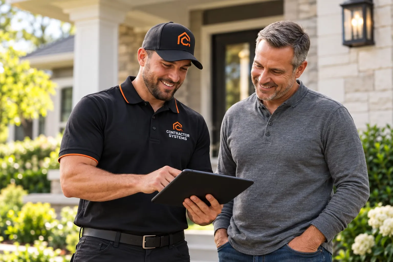 A homeowner using a tablet while speaking with a contractor outside a house.