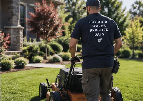 A landscaper on a riding mower, finishing up a lawn.